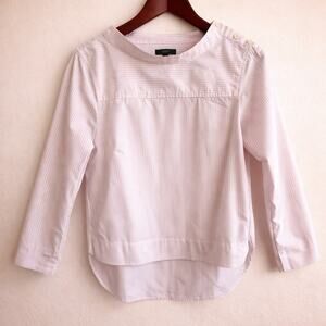 J Crew Pink Stripe Mock Neck Cotton Popover Blouse Button Shoulder Sz 4 Academia